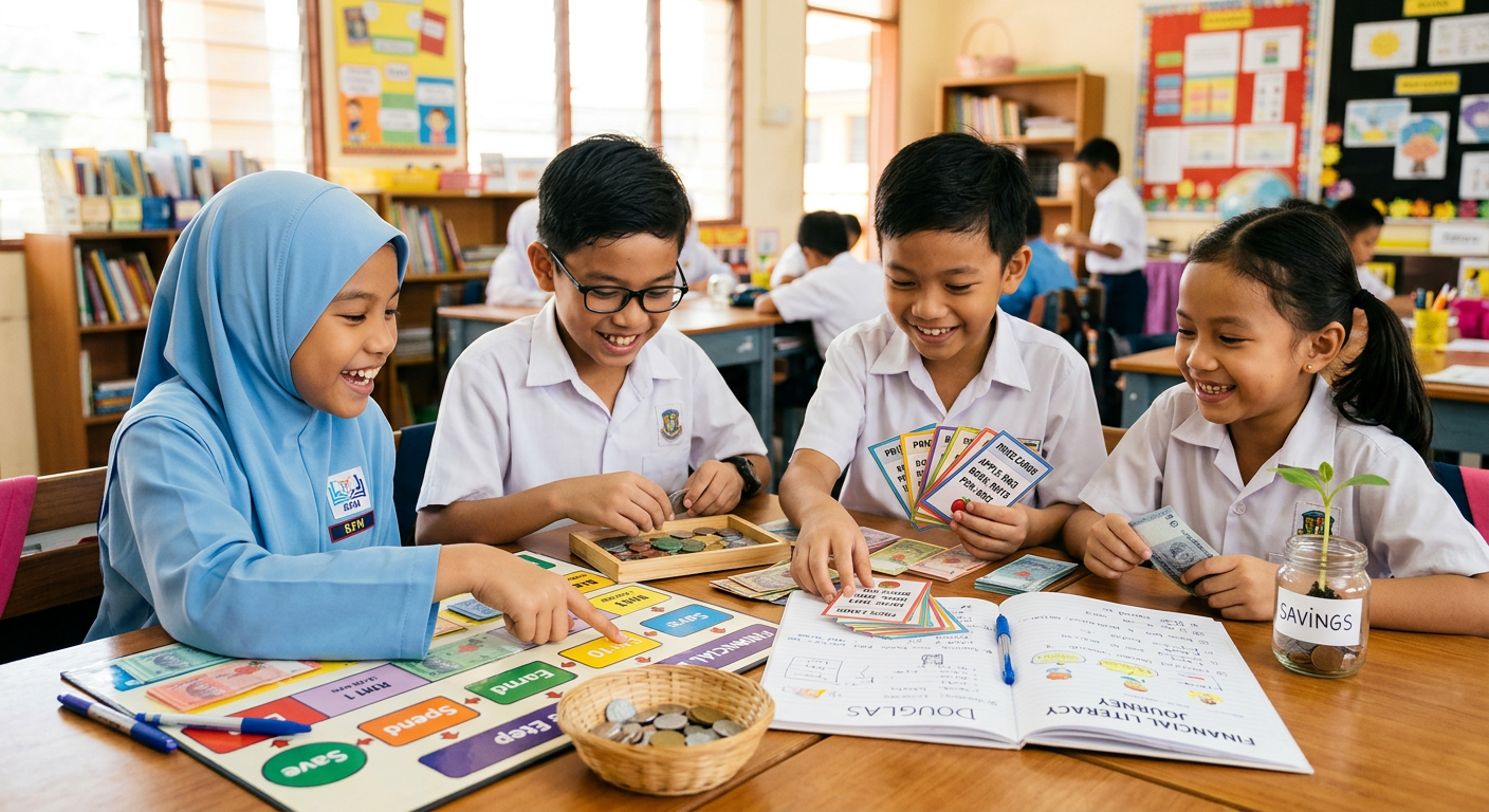 Children learning about money with play coins and a savings jar
