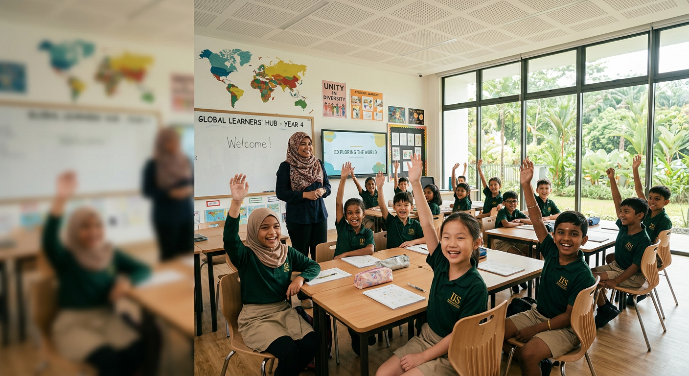 Students raising their hands in a bright GOTS classroom