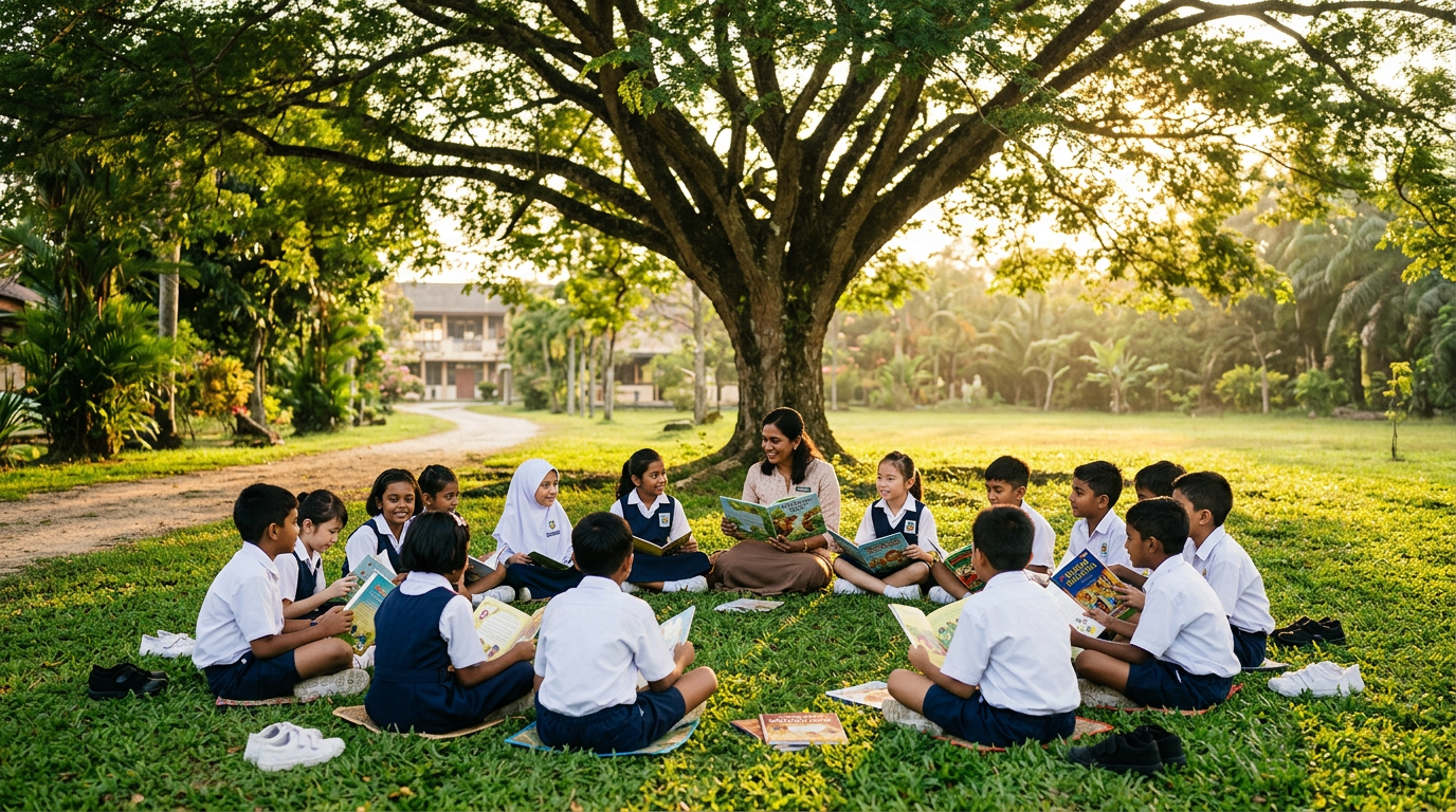 Children reading together under a large shade tree with their teacher