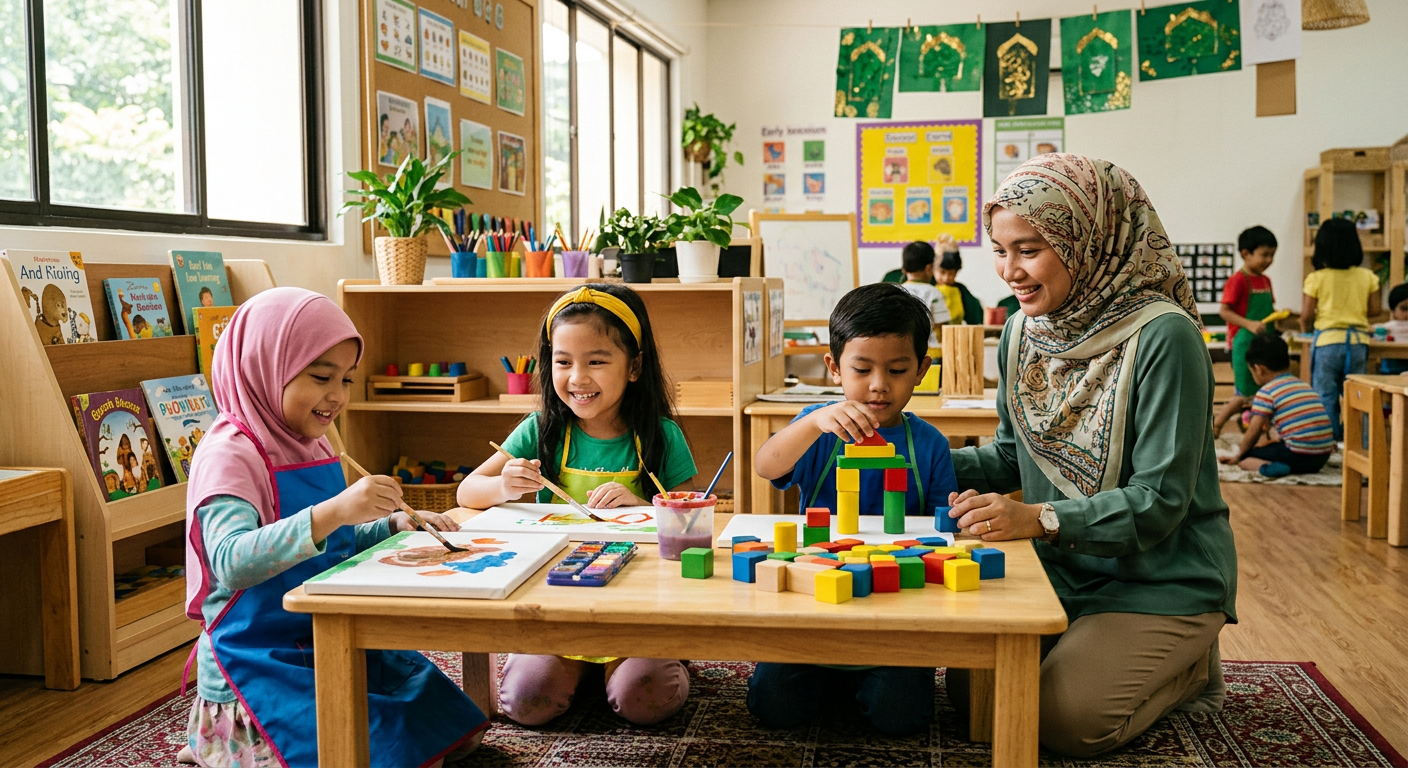 Pre-primary children painting and building with blocks
