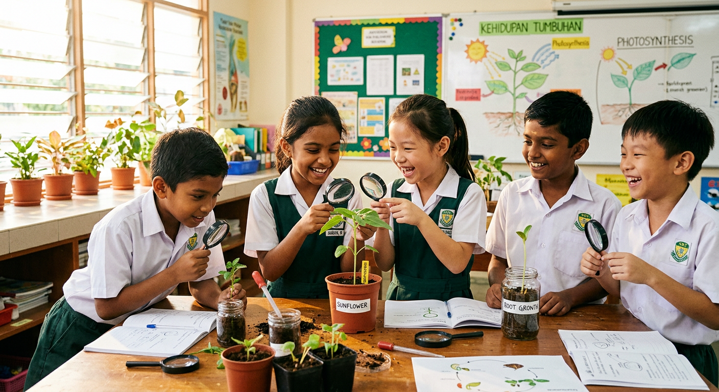Primary students doing a hands-on science experiment